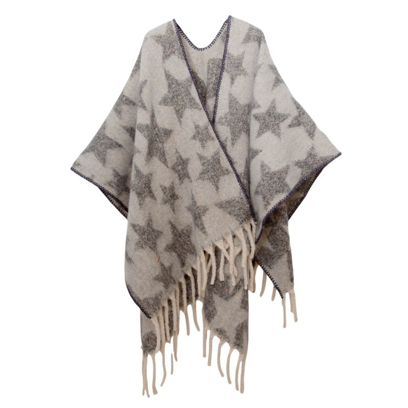 2025 new European and American autumn and winter imitation mohair double-sided thickened jacquard five-pointed star cross shawl