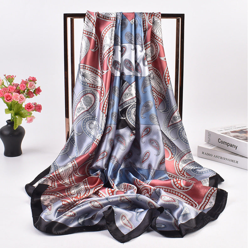 New French simple cashew flower pattern printing 90cm satin square scarf scarf silk scarf