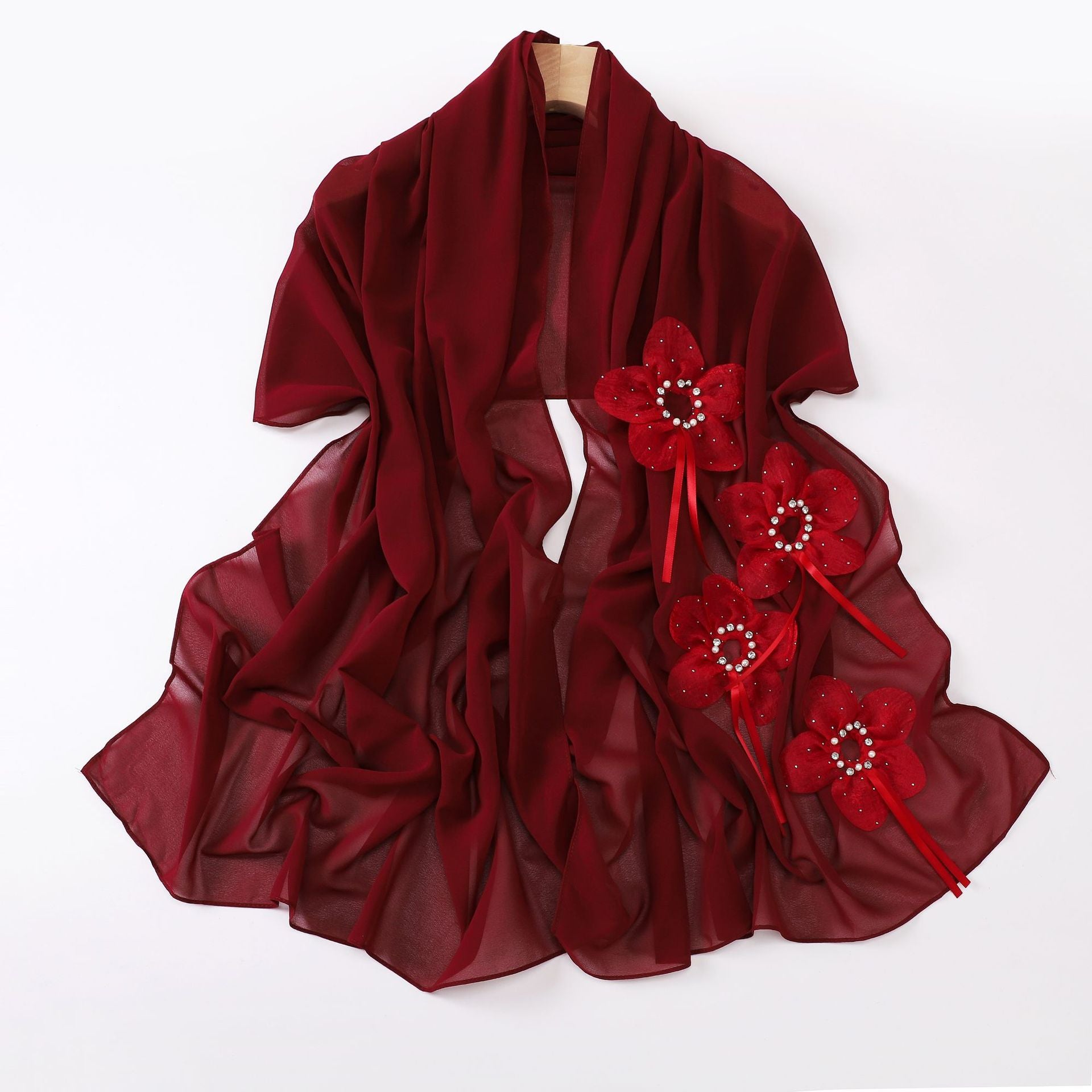 New Pearl Chiffon Handmade Sticky Flower Bead Nailed Drill Long Towel Yarn Middle East Malay Headscarf