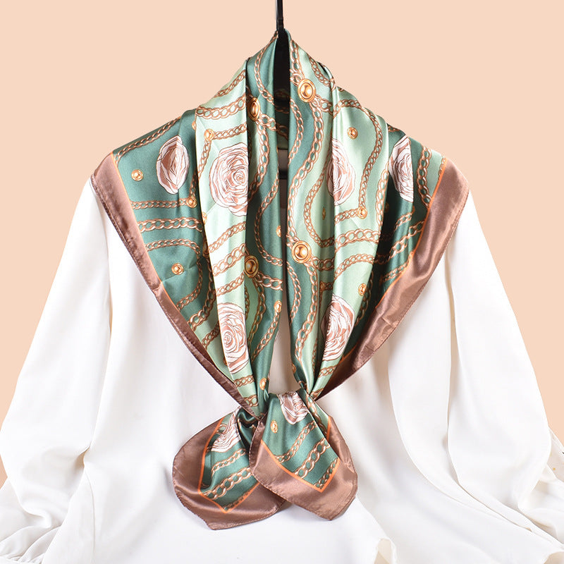 Spring and summer scarf chain flower printing versatile decorative scarf headscarf silk scarf 90 high-quality satin square scarf