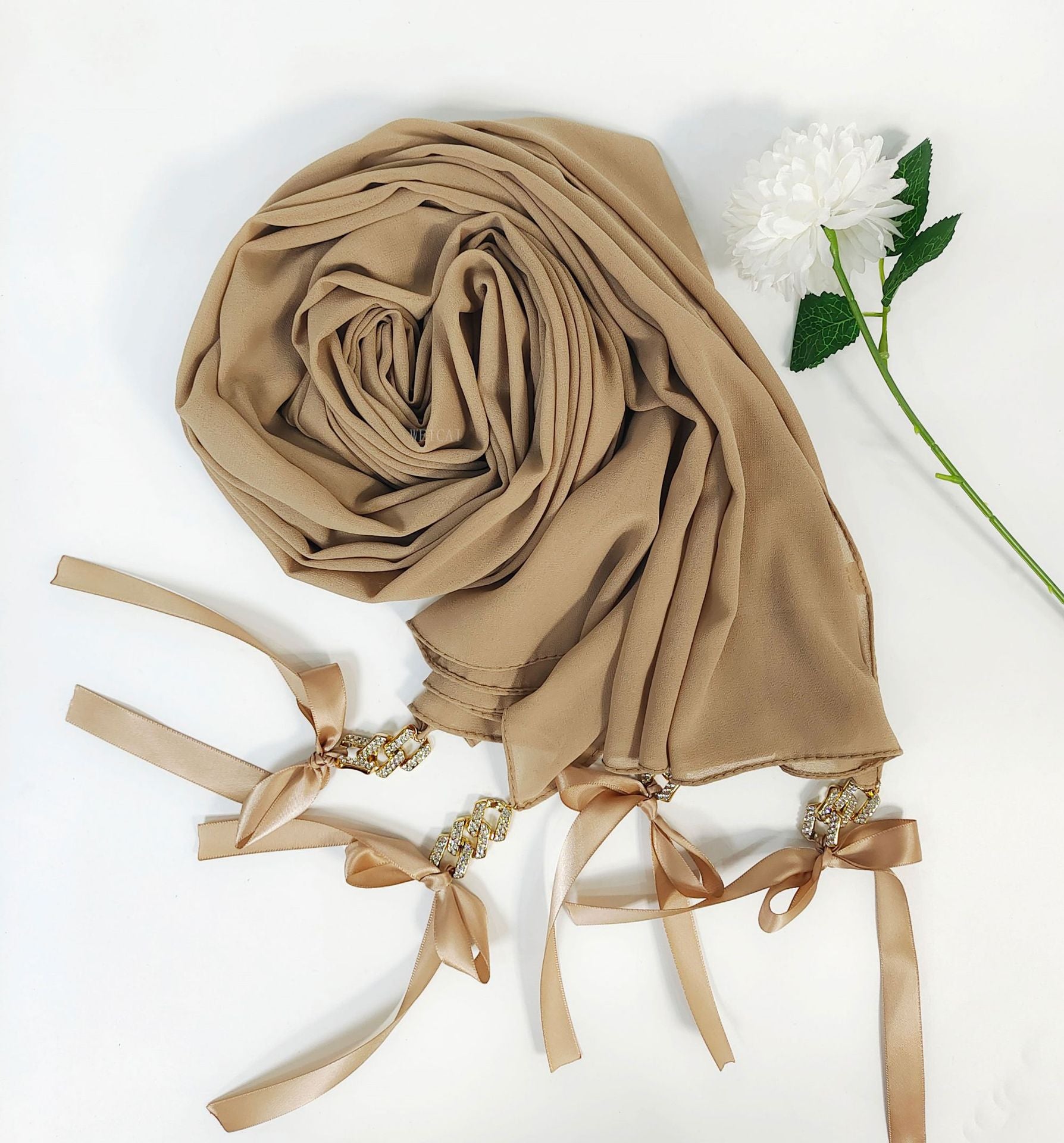 New ins fashion monochrome pearl chiffon diamond jewelry bow tassel  bag headscarf hijab