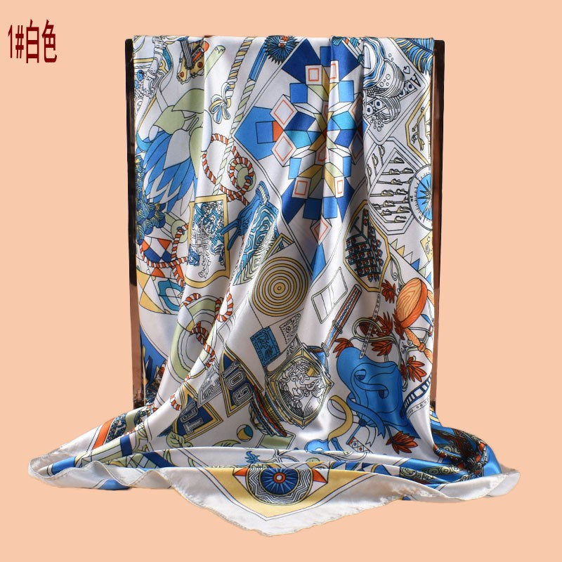 2025 new 90cm-satin geometric retro printed square scarf with sunscreen bag head silk scarf decorative scarf