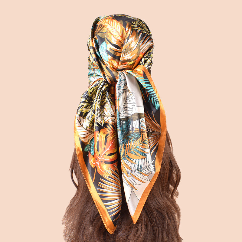 Spring and summer scarf fashionable versatile pastoral plant printing decorative headscarf silk scarf 90cm high-quality satin square scarf