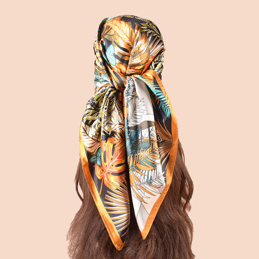 Spring and summer scarf fashionable versatile pastoral plant printing decorative headscarf silk scarf 90cm high-quality satin square scarf