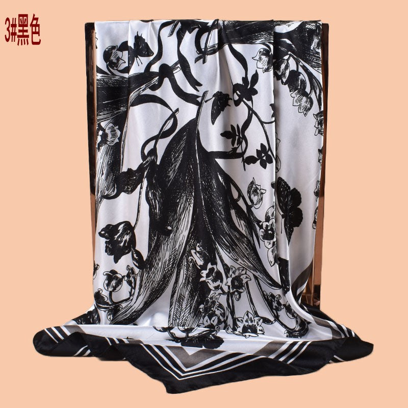 2025 new 90cm-satin butterfly lily printed square scarf with sunscreen bag head silk scarf decorative scarf