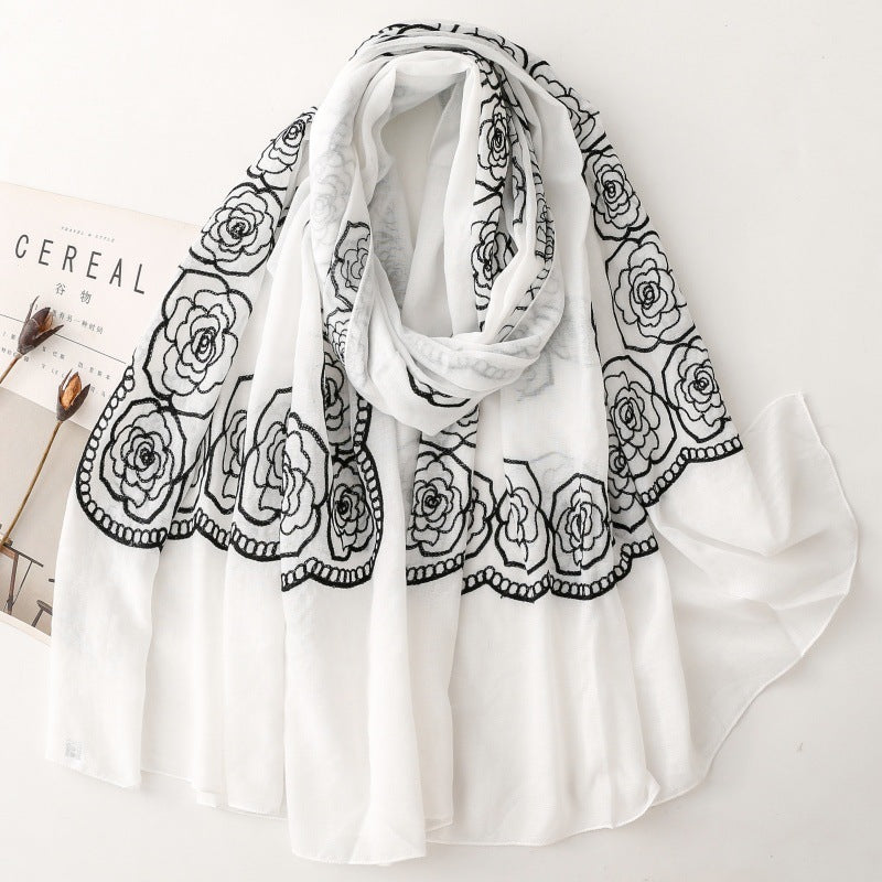 Solid color ethnic style embroidery embroidered scarf rose silk scarf travel shawl