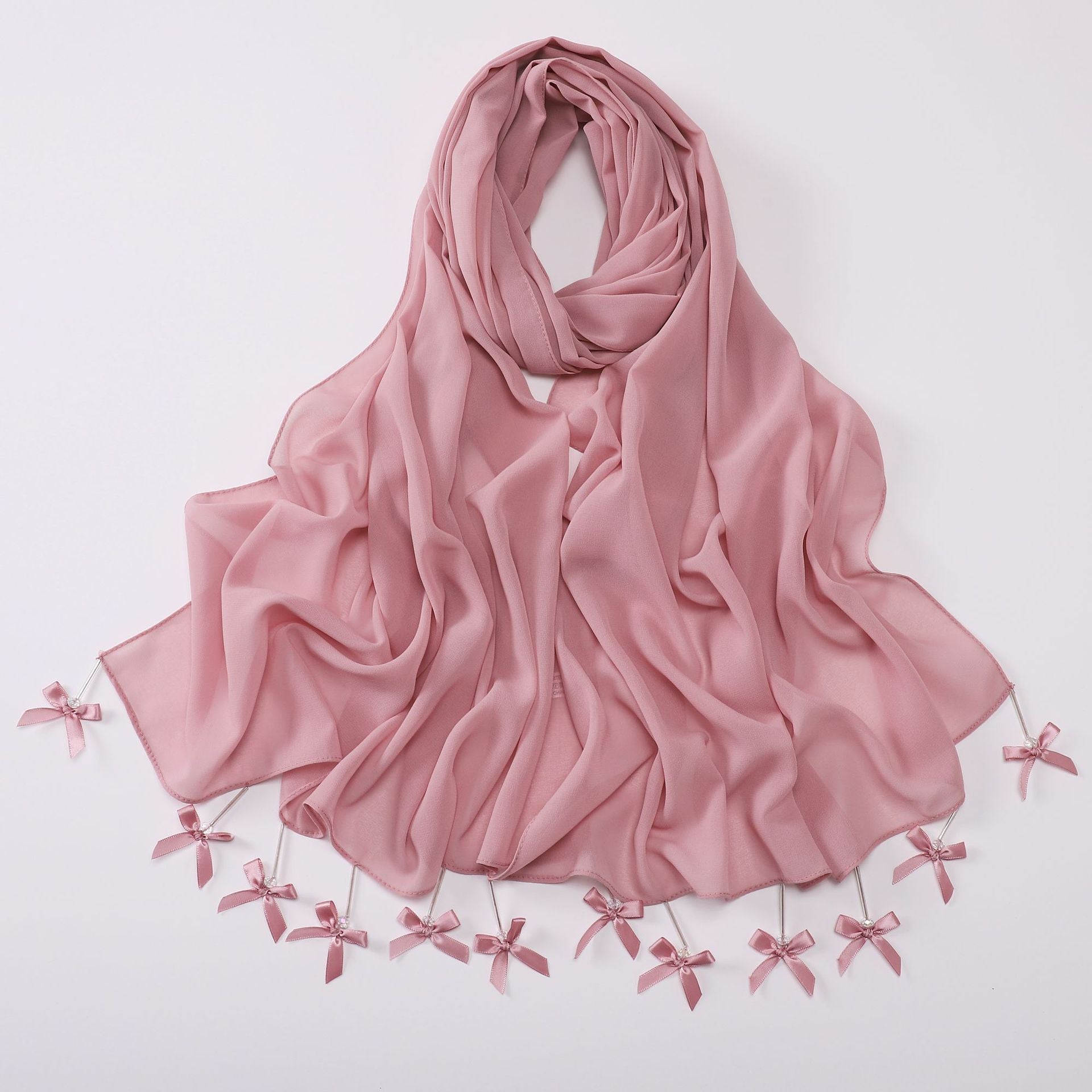 Hand sewn glass tube bow chiffon long towel yarn scarf Malaysia small fresh headscarf
