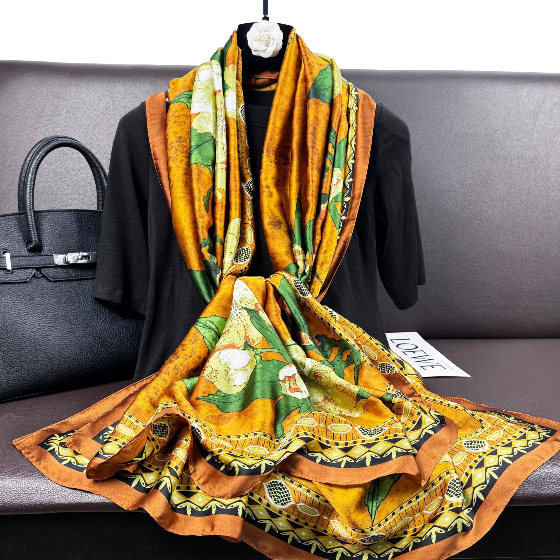 Literary retro fashion versatile brocade long printed silk scarf, simple and elegant temperament women's vacation shawl