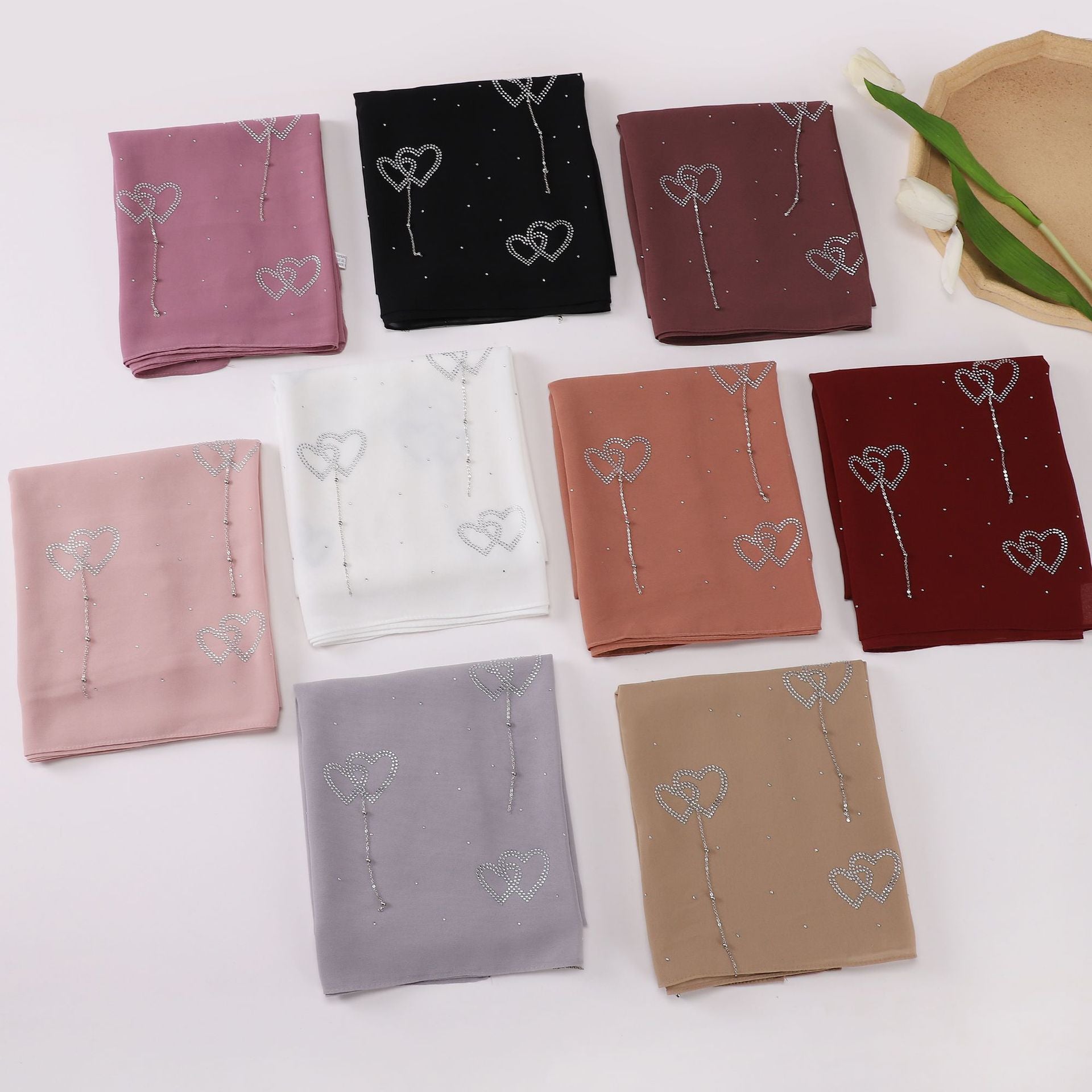 New pearl chiffon double love hot diamond hanging pendant long towel yarn Middle East Malay headscarf