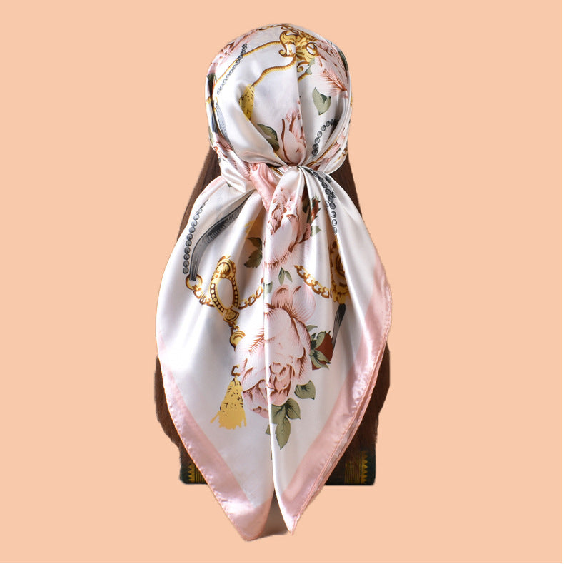 2025 new 90-color beautiful chain flower printing square scarf with sunscreen, bag head silk scarf decoration, scarf