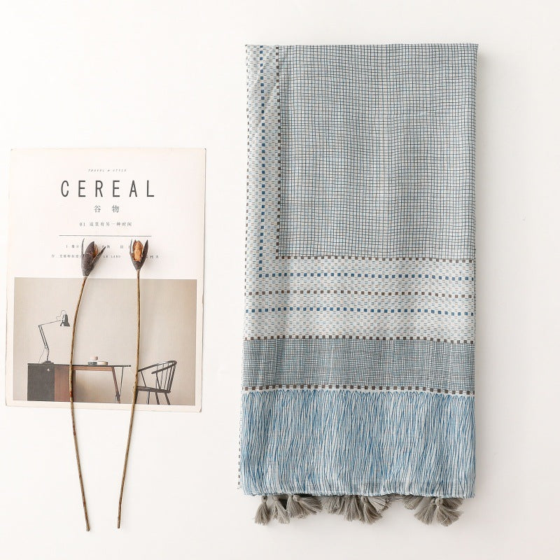 Fashion scarf blue-gray geometric pattern small plaid hanging beard travel accessories silk scarf shawl