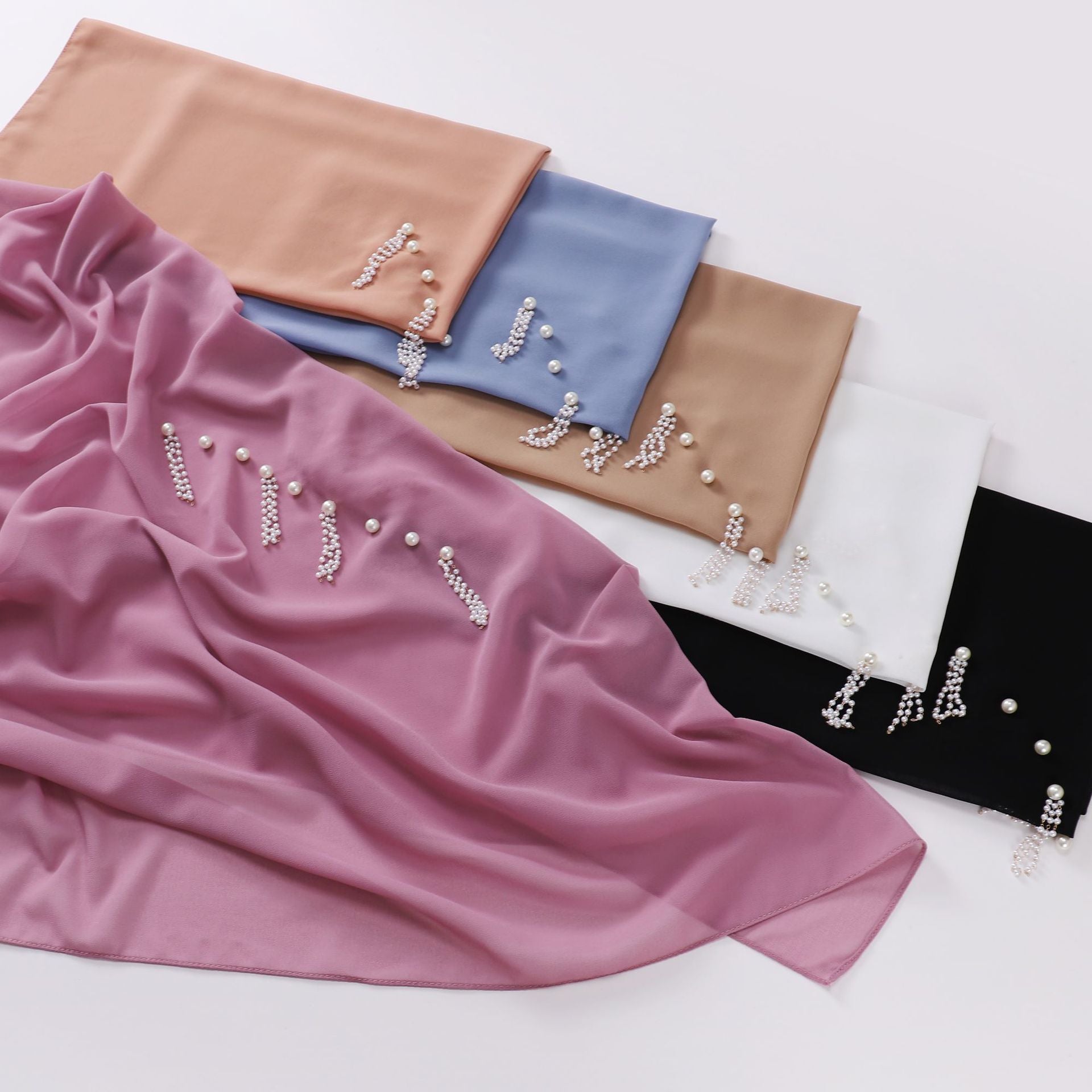 New Pearl Chiffon Bead Chain Scarf  Sweet and Fresh Head Scarf 90CM Square Scarf