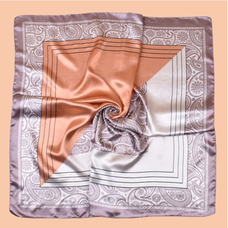 2025 new 90-satin color matching cashew nut flower printing square scarf with sunscreen, bag head silk scarf decoration, scarf