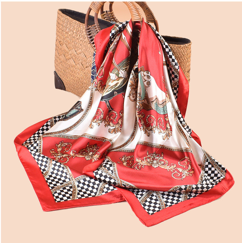Spring and summer scarf carriage pattern printing versatile decorative scarf silk scarf 90 high-quality satin large square scarf scarf