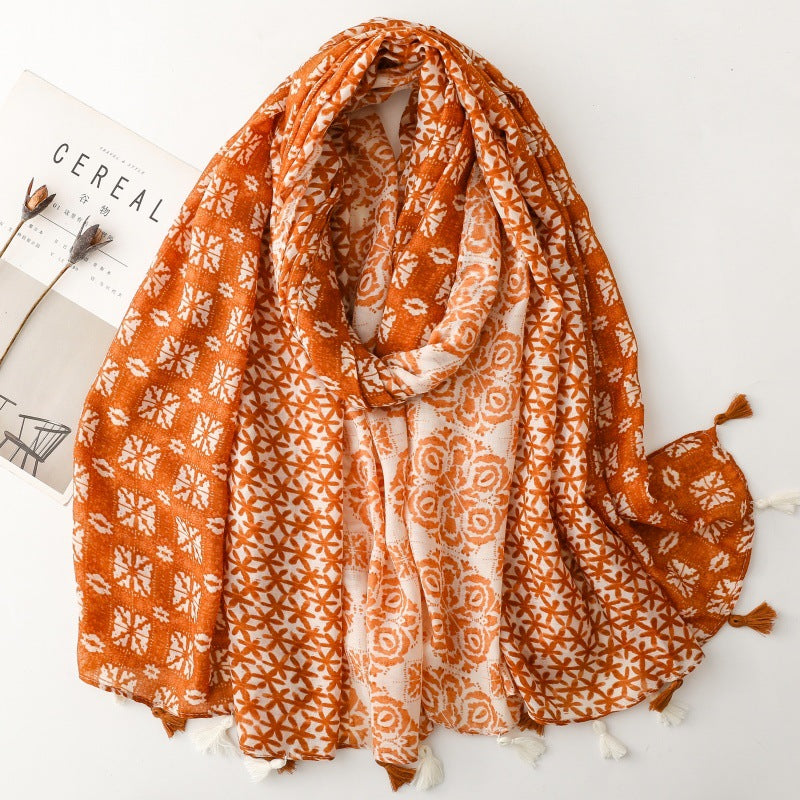 Spring and summer cotton and linen feel scarf celebrity style geometric style fringed silk scarf warm shawl
