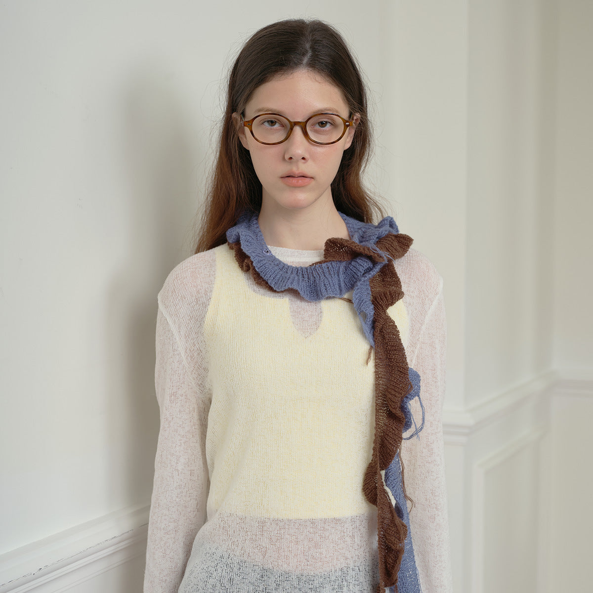 Designer flat mohair wool blended spiral fine scarf women's concave shape fringed wool small scarf