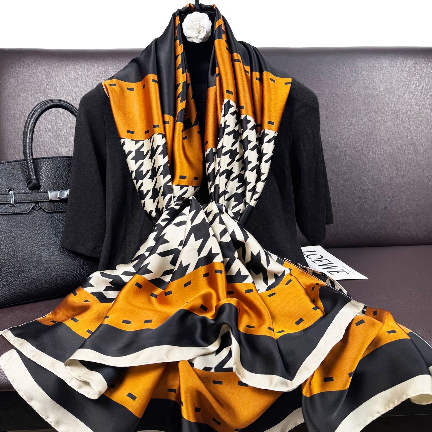 Simple and fashionable versatile thousand bird plaid simulation silk long silk scarf, ethnic headscarf women, outer shawl