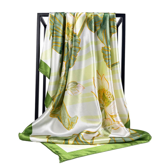 fresh plant lotus pod printed scarf 90 square scarf, simple and elegant women's decorative scarf headscarf