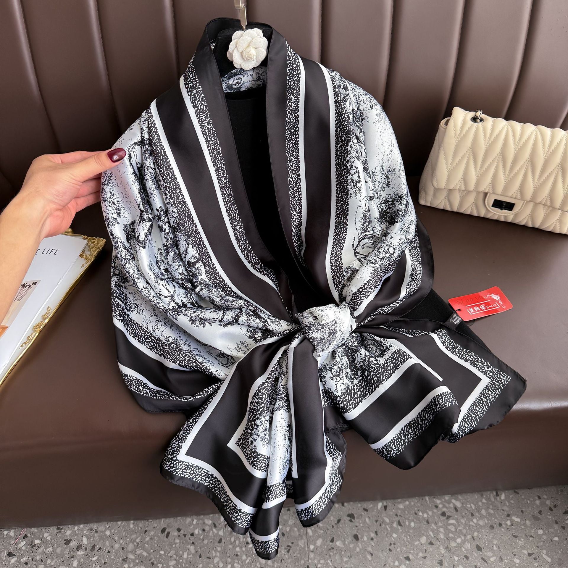 black and white ink painting printing long silk scarf, high sense spring and summer travel vacation sun protection shawl scarf