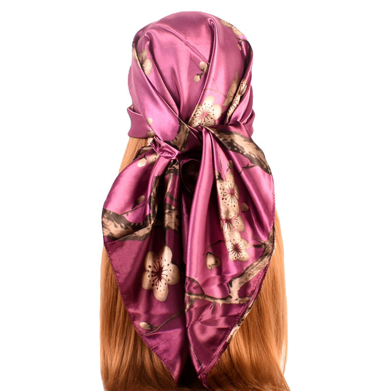 New sweet and fashionable plum blossom flower satin 90cm large square scarf women's silk scarf scarf