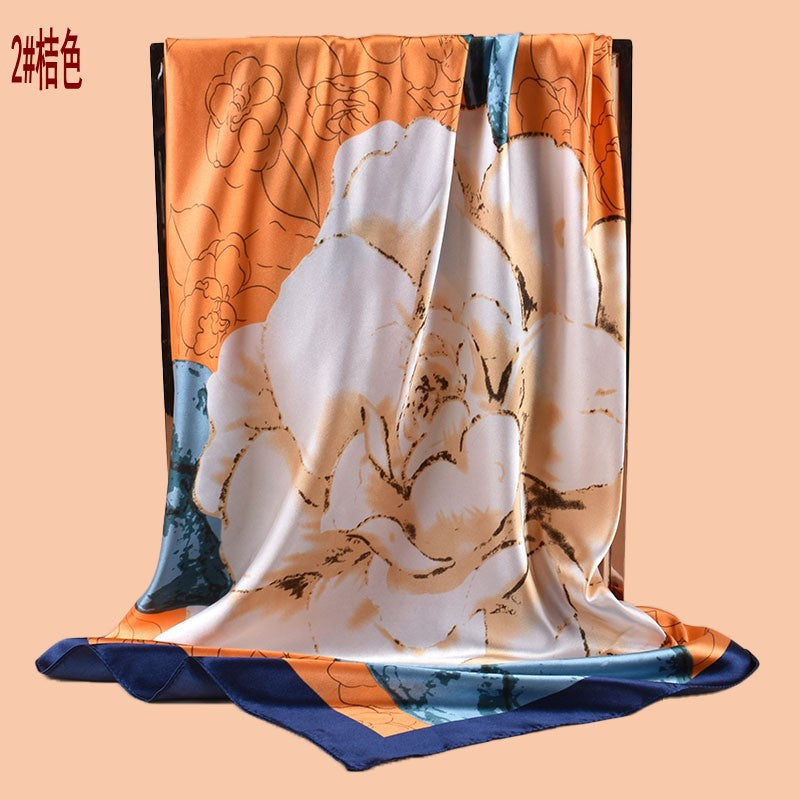 2025 new 90cm-color bud plain and elegant camellia printed square scarf with sunscreen bag head silk scarf decorative scarf