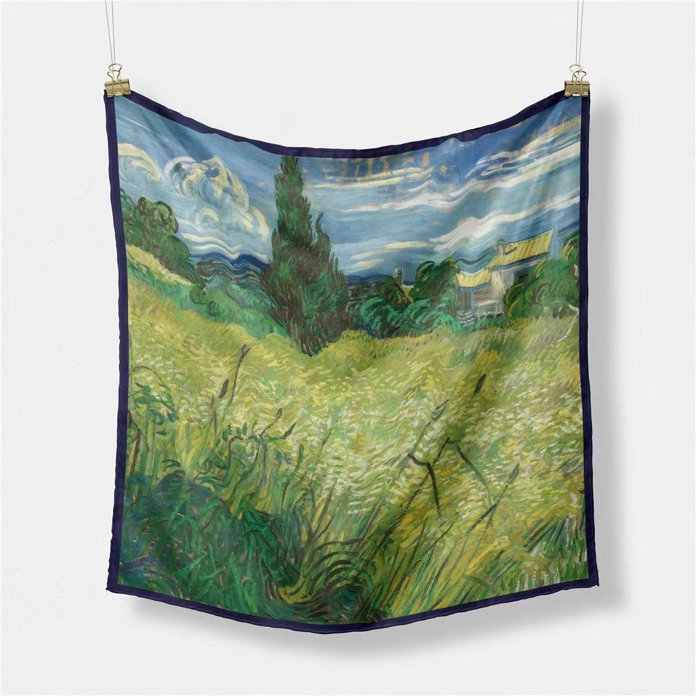 Fashion Van Gogh art oil painting 53cm small square scarf, twill silk imitation silk women's scarf, headband