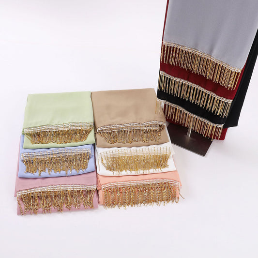 Pearl chiffon high quality diamond tassel long scarf yarn Middle East Africa headscarf hijab