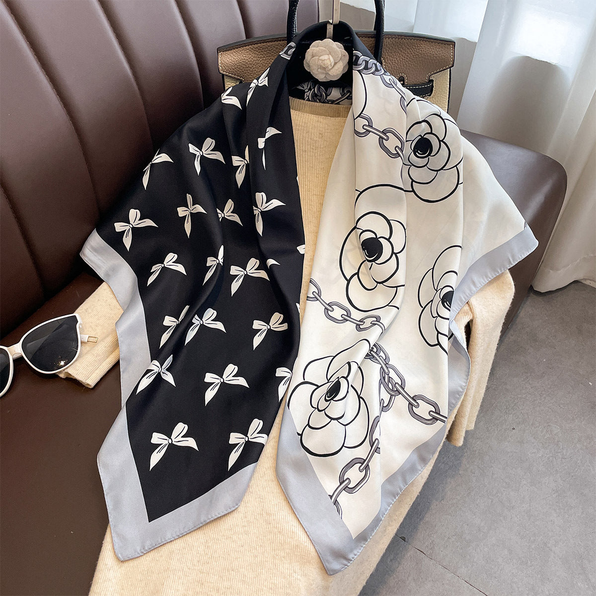 Spring and autumn new oblique silk pattern large square scarf bow flower print square scarf female imitation silk fashion versatile shawl