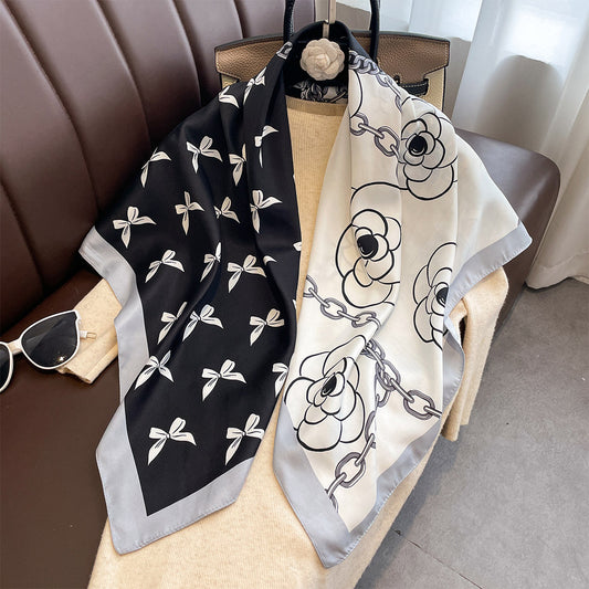 Spring and autumn new oblique silk pattern large square scarf bow flower print square scarf female imitation silk fashion versatile shawl