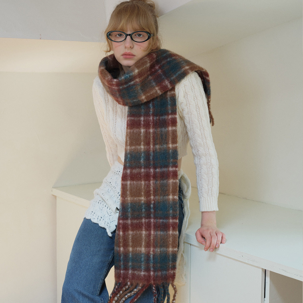 6% mohair 40% wool retro plaid scarf women's winter millennium retro soft vibe scarf