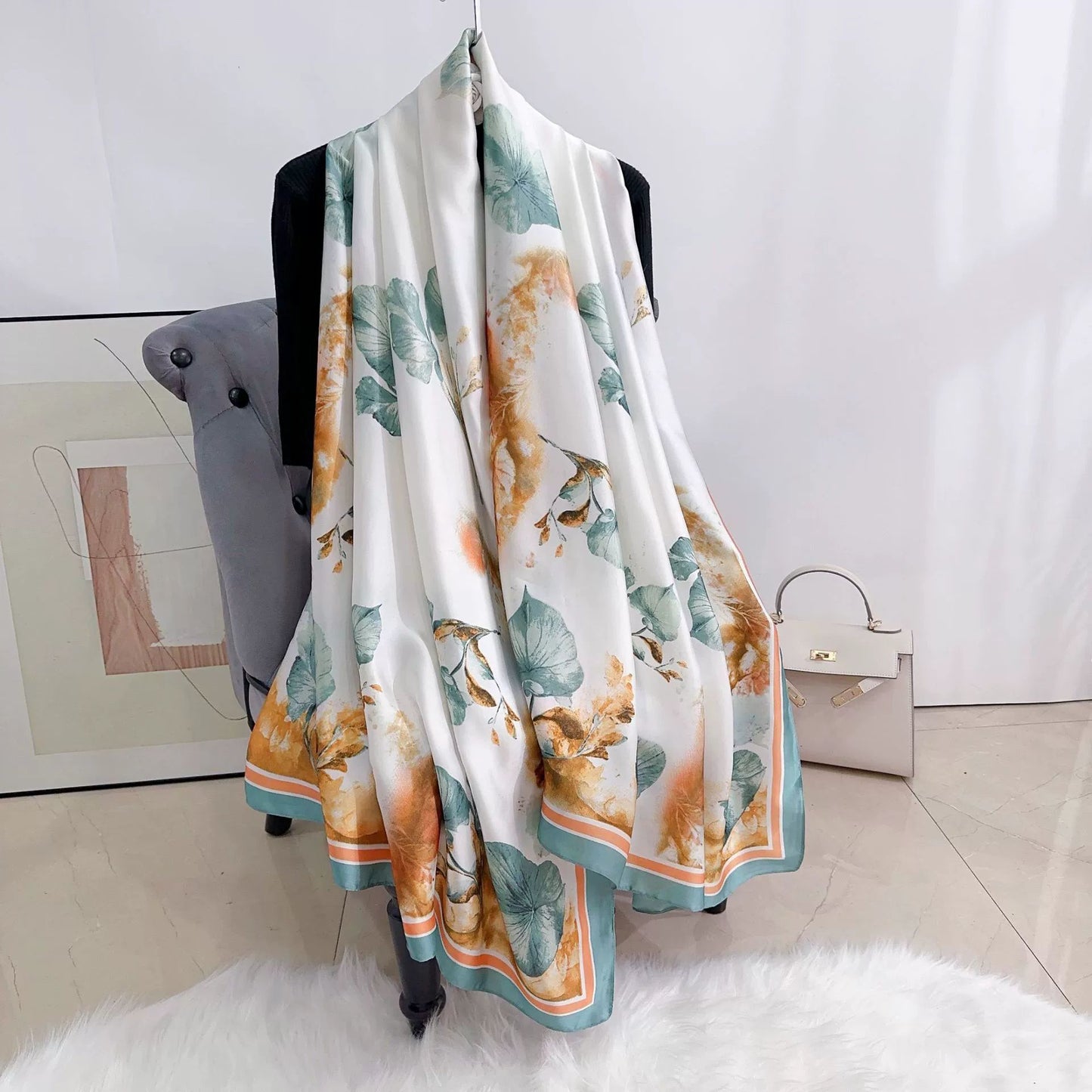 Stylish and elegant plant flower flower print long silk scarf, sweet and fresh literary girl with shawl