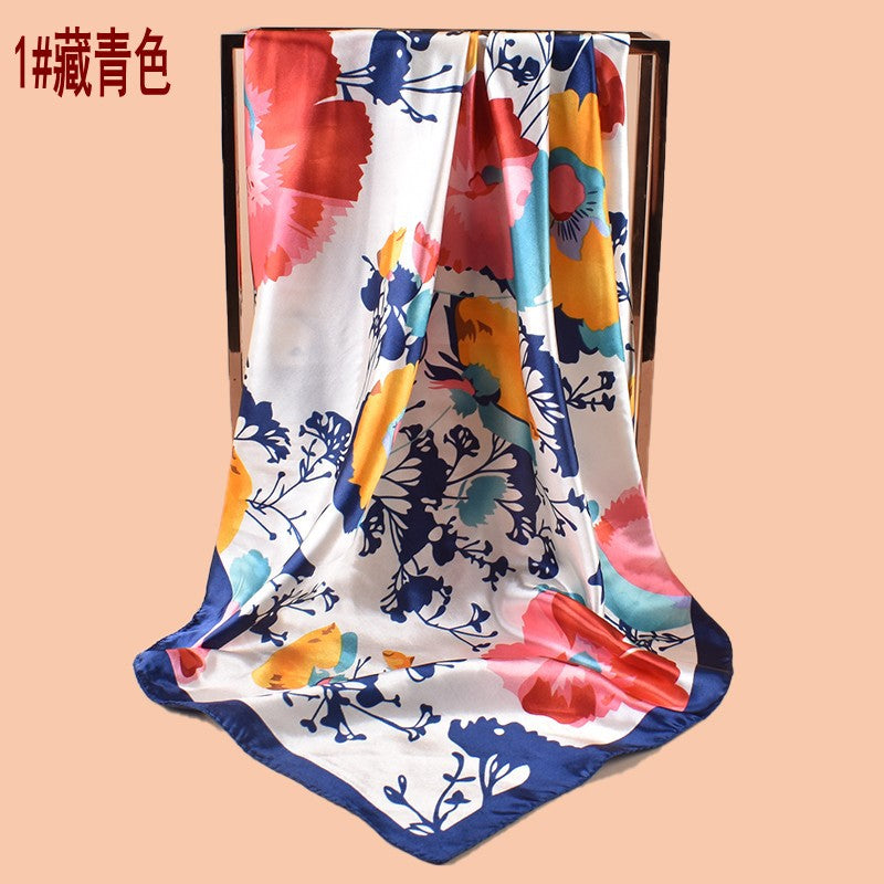 New 90cm-satin large flower sun flower printing square scarf with sunscreen, bag head silk scarf decoration, scarf