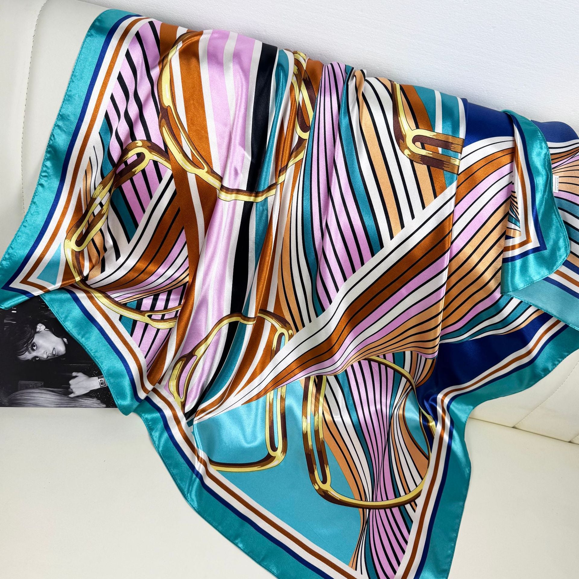 European and American fashion geometric line printed silk scarf, imitation silk satin 90 square scarf, Indonesian ethnic women's bag head scarf