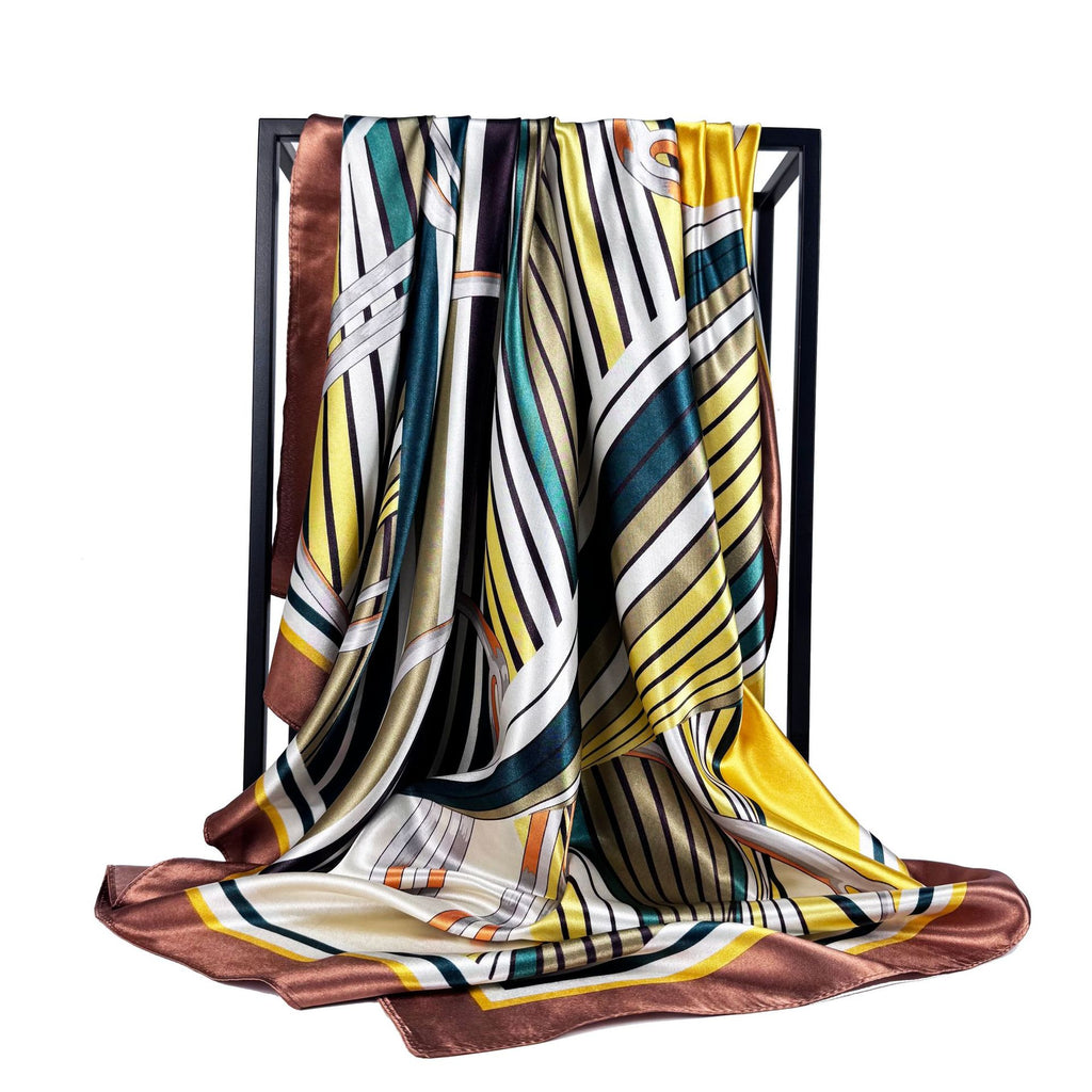 European and American fashion geometric line printed silk scarf, imitation silk satin 90 square scarf, Indonesian ethnic women's bag head scarf