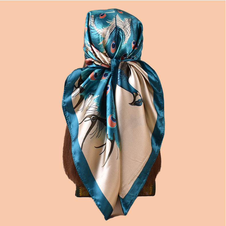 2025 new 90-color beautiful peacock versatile printed square scarf with sunscreen, bag head silk scarf decoration, scarf