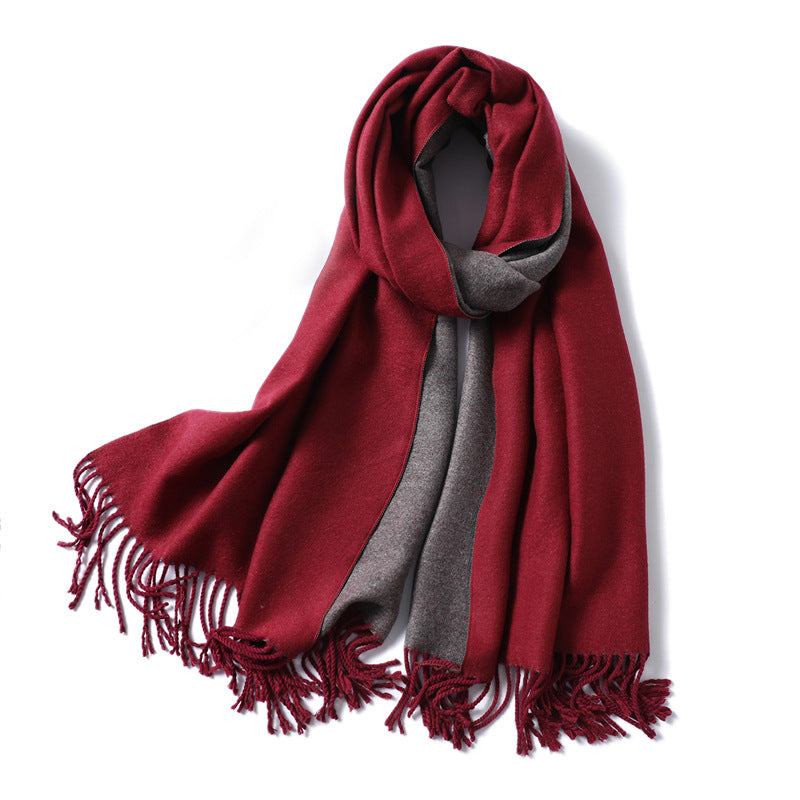 Simple solid color imitation cashmere scarf men's and women's winter thickened warm double-sided two-color versatile fringed shawl core-spun yarn