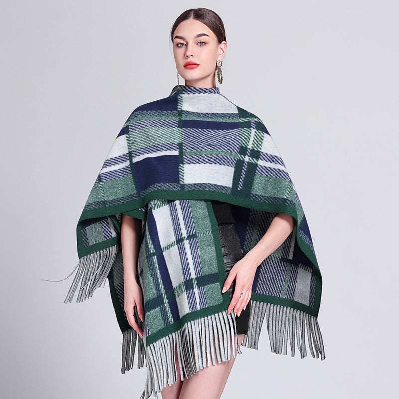 Autumn and winter Internet celebrities new plaid shawl with temperament fringed shawl cape cape retro scarf coat women