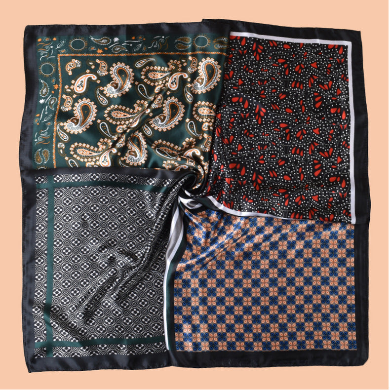 2025 new 90-satin combination pattern versatile printed square scarf with sunscreen, bag head silk scarf decoration, scarf