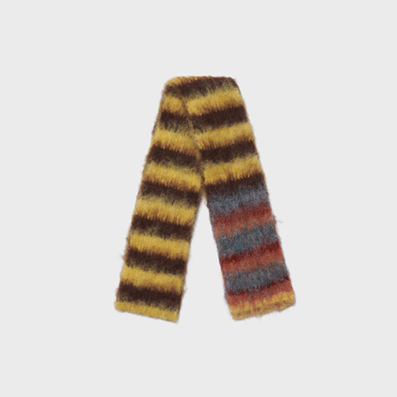 Korean designer order contrasting color striped knitted scarf women's autumn and winter niche fine narrow soft waxy wool scarf