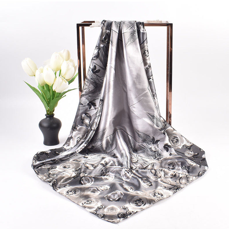 Autumn and winter new 90 high-end rose square scarf versatile retro printing women's 90-color diced imitation silk