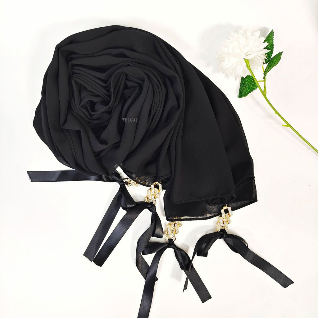 New ins fashion monochrome pearl chiffon diamond jewelry bow tassel  bag headscarf hijab