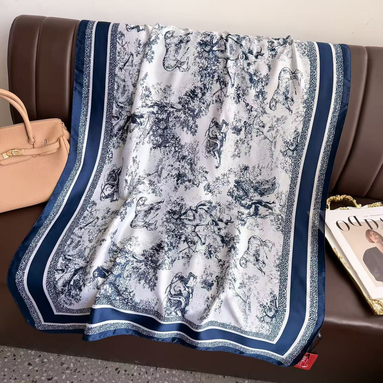 black and white ink painting printing long silk scarf, high sense spring and summer travel vacation sun protection shawl scarf