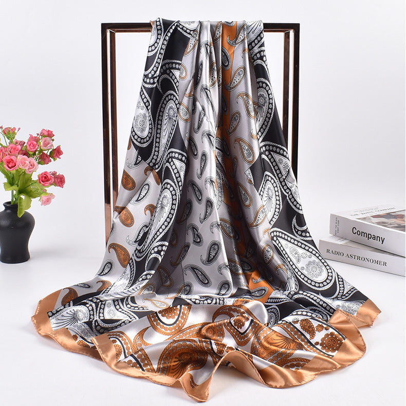 New French simple cashew flower pattern printing 90cm satin square scarf scarf silk scarf