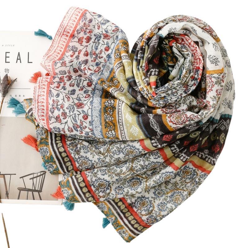 Cotton and linen feel scarf small fresh resort style geometric bohemian fringed silk scarf shawl