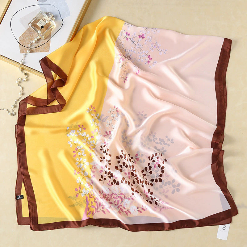 Fashion versatile color matching plant flower simulation silk printing long silk scarf, temperament women's vacation sunscreen