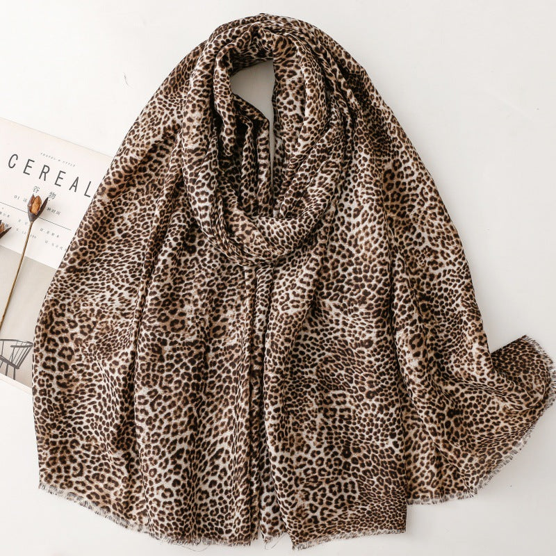 cotton and linen feel scarves leopard leopard print rough edge printing shawl women