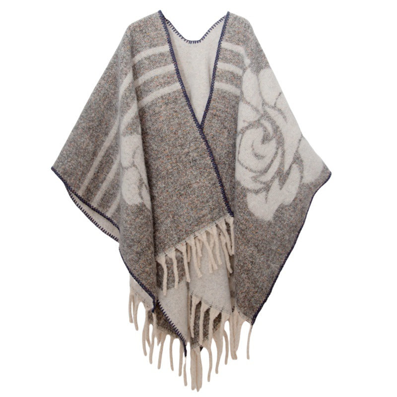 Shawl 2025 new European and American autumn and winter circle yarn imitation mohair thickened jacquard flower cape