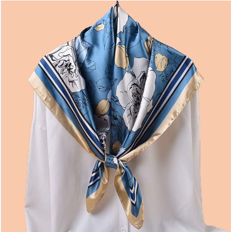 Spring and summer temperament big flower printing versatile decorative scarf headscarf silk scarf 90 high-quality satin large square scarf