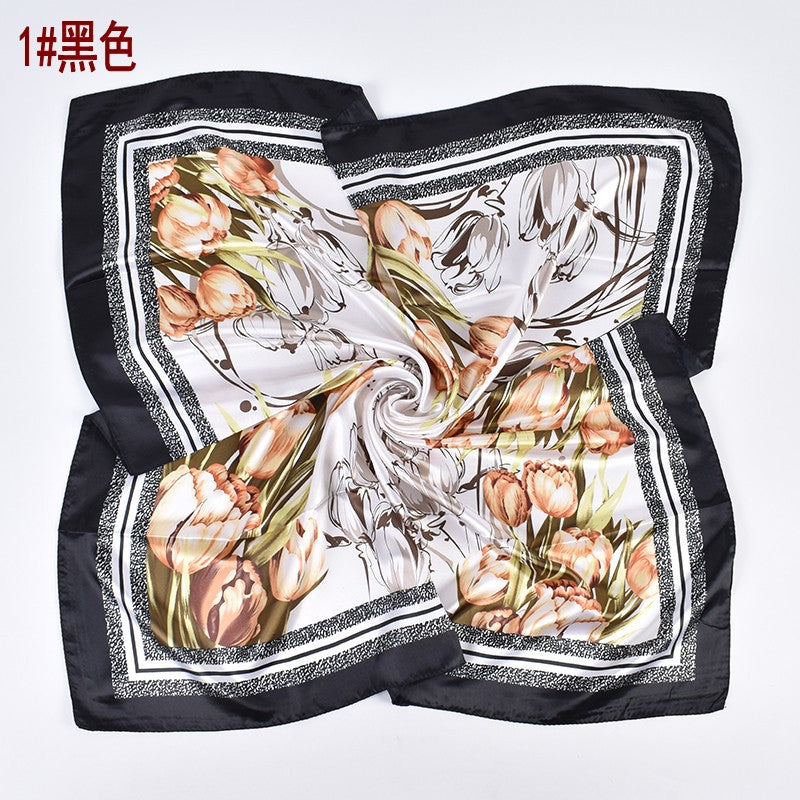 Summer new fashion versatile tulip bouquet print 90-color square scarf silk scarf headscarf