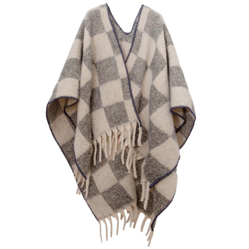 New European, American autumn and winter circle yarn imitation mohair thickened jacquard checkered cross shawl
